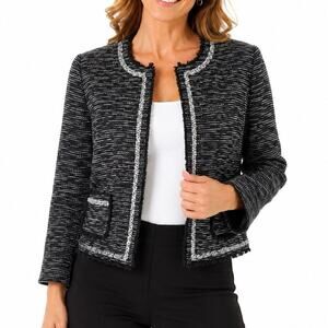 Frenchi Size L Tweed Crop Blazer Jacket Black and White Fringe Trim Preppy Fall